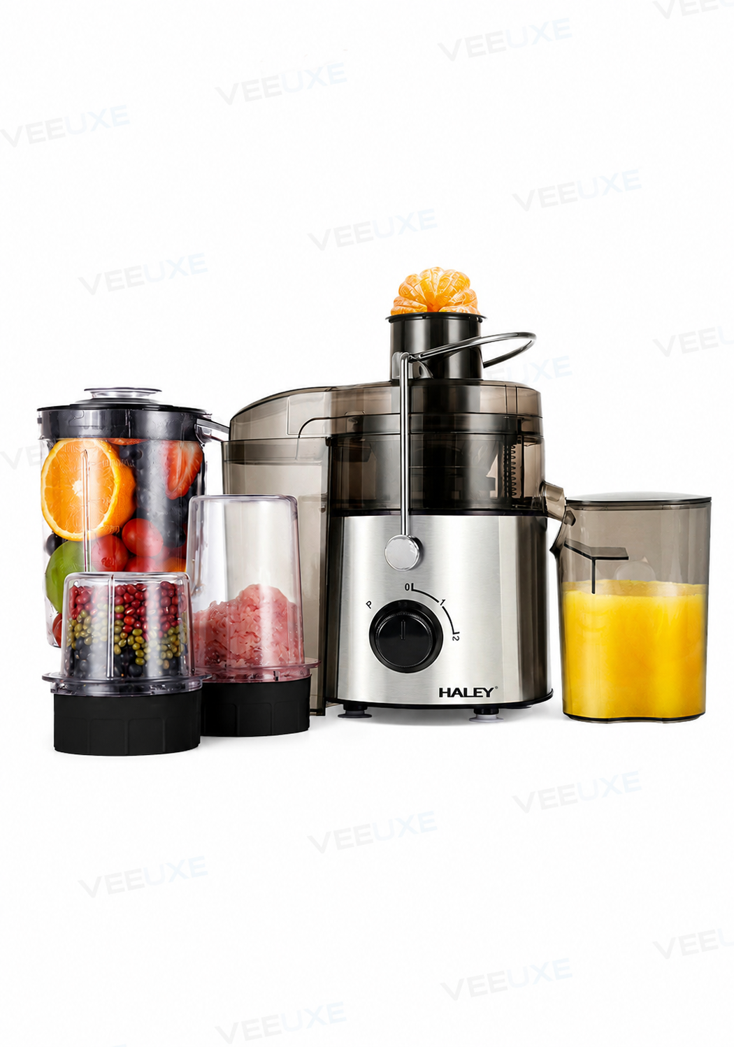 8b5a00dc-ee5c-4c2a-bc57-38526a0184bd عصّارة فواكه وخضار HALEY 4 في 1، قدرة 800 واط، فتحة واسعة 70 مم، سرعتان – موديل HY-2903 - الصورة 1