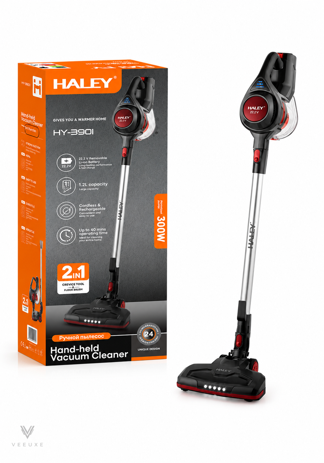 HY-3901 مكنسة كهربائية لاسلكية 2 في 1 من HALEY – قدرة 300 واط، سعة 1.2 لتر، أسود/أحمر – HY-3901 - الصورة 1