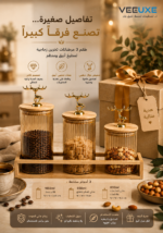 ⁦طقم 3 مرطبانات تخزين زجاجية مضلعة بغطاء خشبي ومقبض غزال ذهبي⁩ - الصورة ⁦3⁩