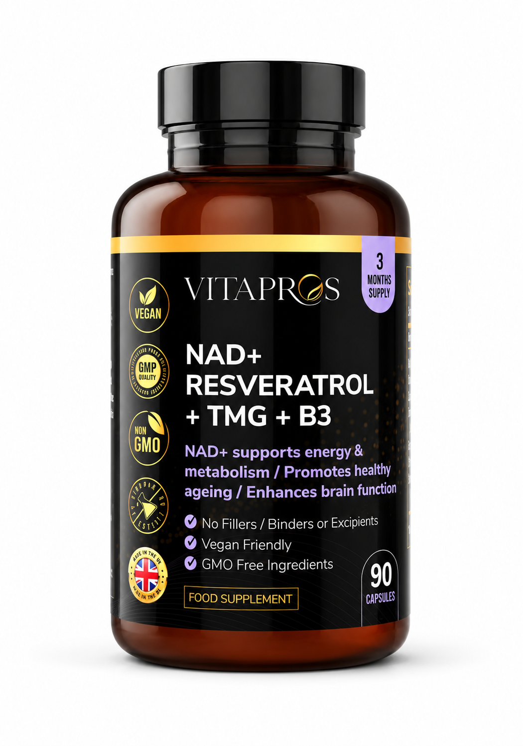 061e2201-e205-436f-929f-b6b6cec41242 Vitapros NAD+ Complex مع ريسفيراترول وTMG وفيتامين B3 – 90 كبسولة - الصورة 1
