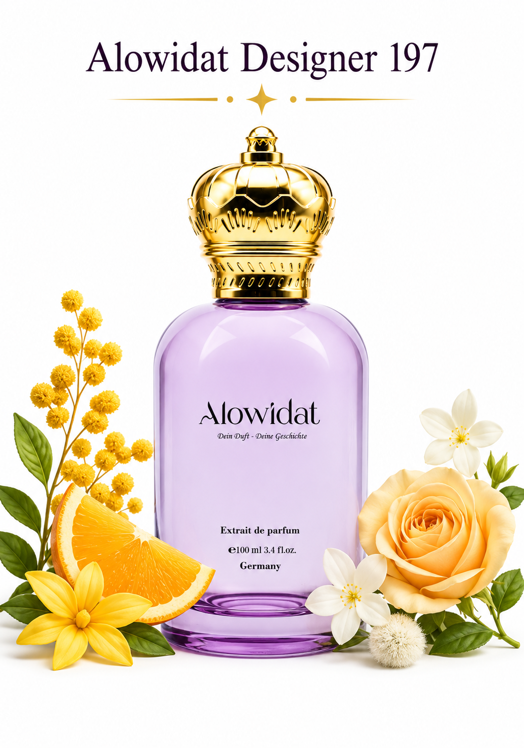 75a34b17-a9e0-4a8a-8f84-711295e77521 عطر نسائي Alowidat Designer 197 – حمضي زهري بلمسة فانيليا مسكية دافئة - الصورة 1