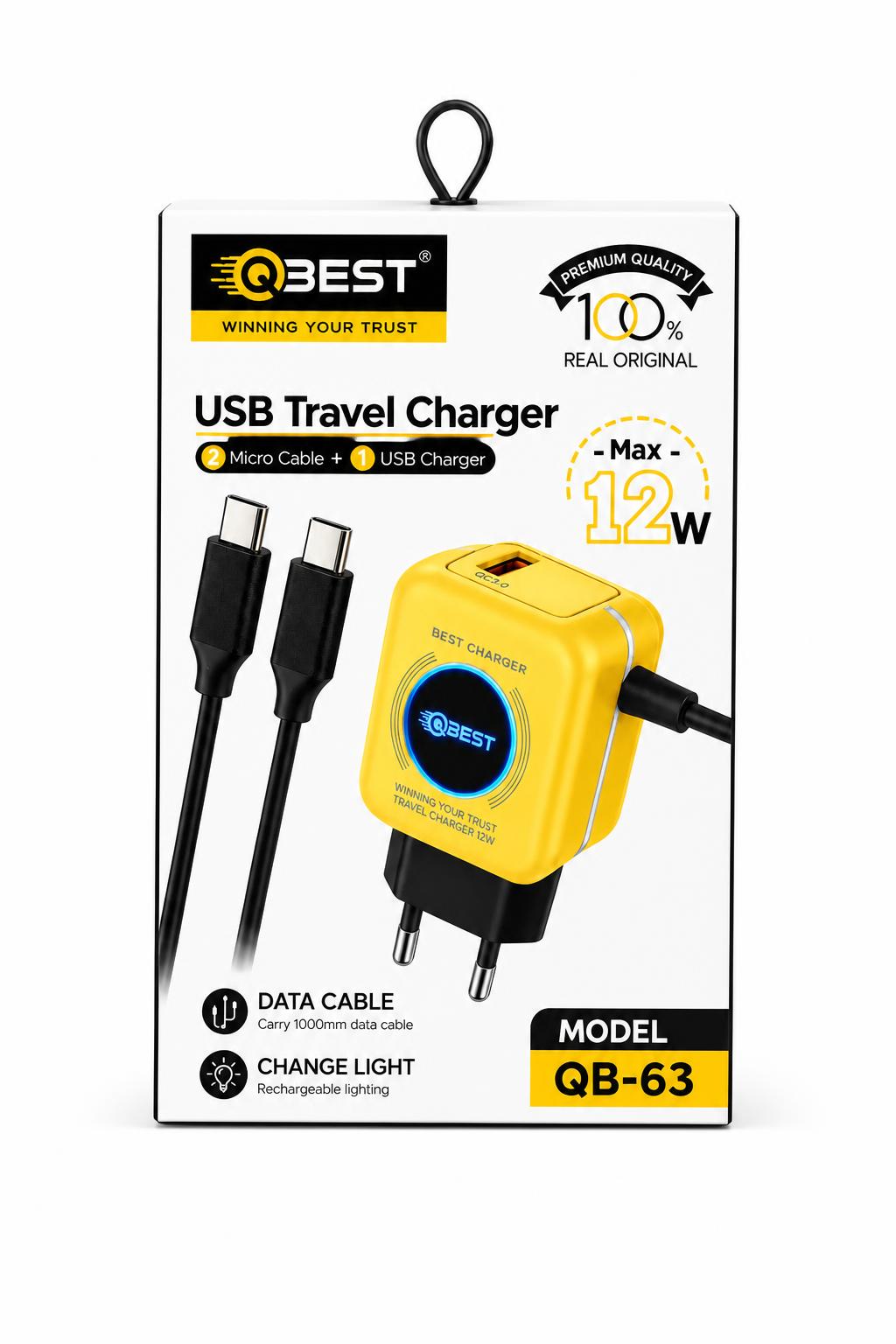 7dec0bfe-13b2-4baa-a49c-10902f0e6bc9.jpg شاحن USB QBEST QB63 بقدرة 12W مع وصلتي Micro وإضاءة - الصورة 1