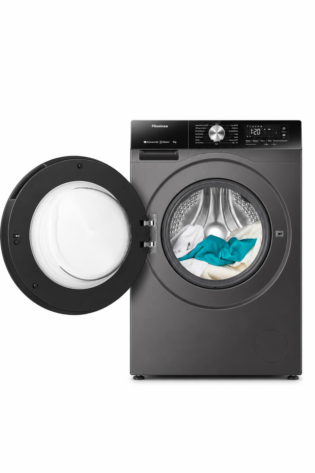 cbe5cf85-f7c4-450d-8eec-8b3599320c89.jpg غسالة Hisense WF3M9042DB أمامية 9kg بالبخار 1400 RPM - الصورة 1